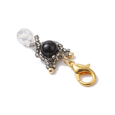 Natural Black Onyx & Glass Seed Beaded Cat Pendant Decoration HJEW-MZ00157-02-1