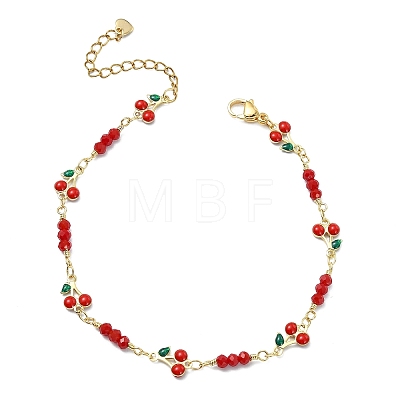 Brass Glass and Enamel Red Cherry Link Chain Anklets for Women AJEW-AN00814-1