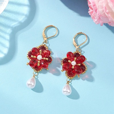 Flower with Teardrop Glass Beads Dangle Earrings EJEW-MZ00670-01-1