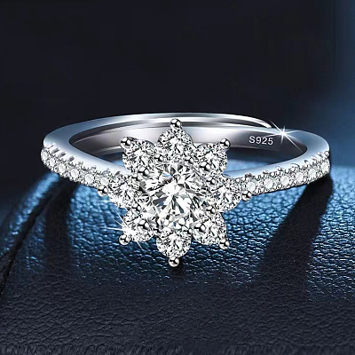 Rhodium Plated 925 Sterling Silver Flower Micro Pave Moissanite Adjustable Rings for Women WG9AA84-02-1