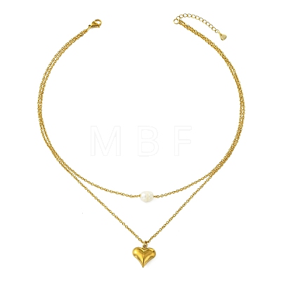 Natural Pearl Rice and 304 Stainless Steel Pendant Double Layer Necklaces for Women NJEW-JN06211-02-1