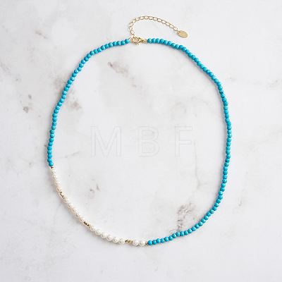 Faceted Round Natural Turquoise & Shell Pearl Beaded Necklaces NJEW-L125-005G-01-1