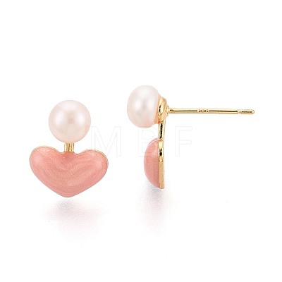 Heart Brass Natural Pearl Stud Earrings PEAR-N017-07A-1