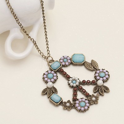 Bohemian Flower Peace Sign Alloy & Glass & Plastic Pearl Pendant Necklaces FS-WG15A32-02-1