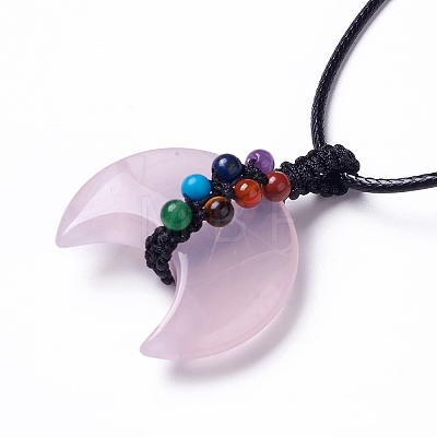 Adjustable Natural Rose Quartz Double Horn Pendant Necklace with Wax Cord for Women NJEW-B086-01I-1