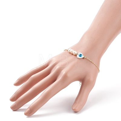 Natural Pearl & Shell Heart with Evil Eye Link Bracelet with Brass Chains for Women BJEW-JB08329-02-1