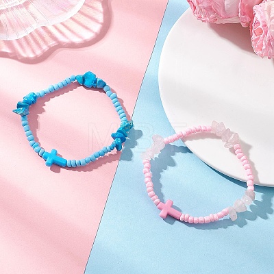 2Pcs Natural Rose Quartz & Synthetic Turquoise Chip Beaded Stretch Bracelets for Women BJEW-JB12909-1