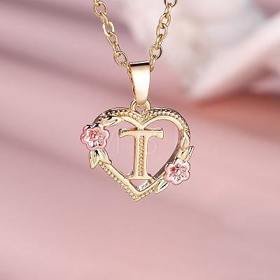 Brass Rose Flower Heart with Letter Pendant Necklaces FS-WGF6950-20-1