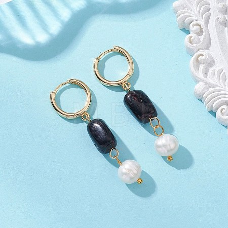 Round Natural Amber & Natural Cultured Freshwater Pearl Hoop Earrings EJEW-JE06998-1