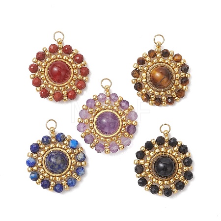 Natural Mixed Gemstone Faceted Round & Gold Glass Seed Beaded Pendants PALLOY-MZ01323-1