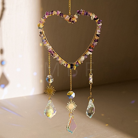 Heart Natural Fluorite Chips Hanging Ornaments HJEW-G024-01G-1