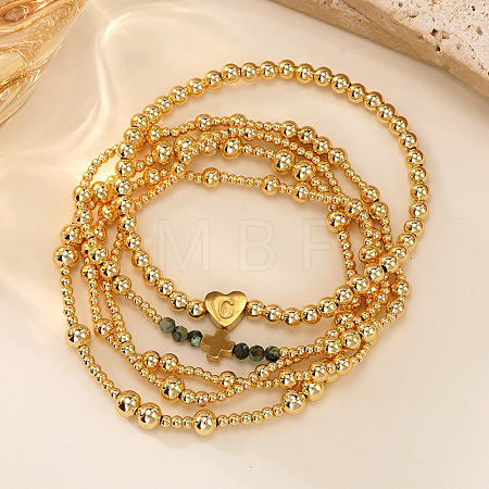 5Pcs Brass & Natural African Turquoise(Jasper) Beads Stretch Bracelets for Women BK1359-2-1