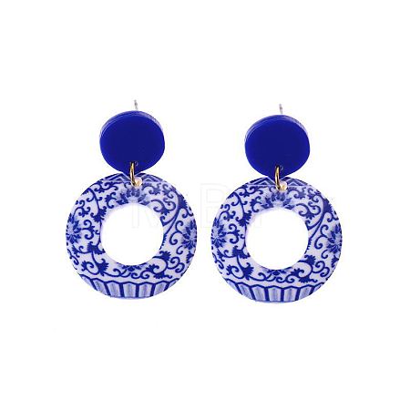 Acrylic Blue and White Porcelain Printed Dangle Stud Earrings FS-WG917E7-04-1