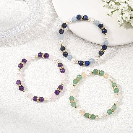 Natural Gemstone & Shell Pearl & Brass Rhinestone Beaded Stretch Bracelets for Girls BJEW-JB14087-1