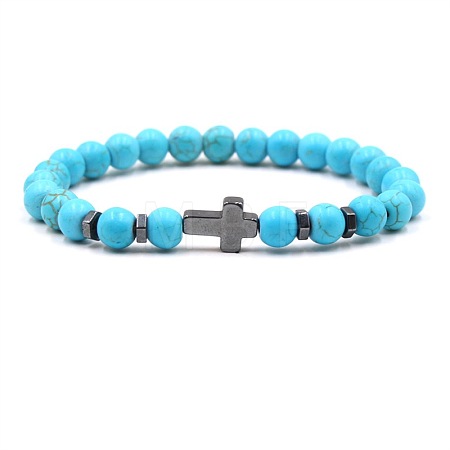 8MM Round Dyed Natural Magnesite Beaded Stretch Bracelets with Synthetic Non-magnetic Hematite Cross FA1012-1-1