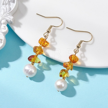 Natural Cultured Freshwater Pearl & Natural Amber Dangle Earrings EJEW-JE06961-1