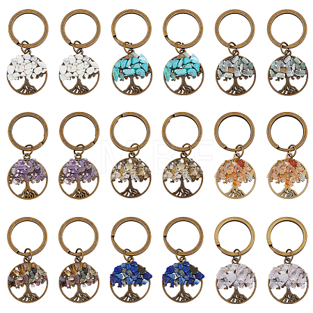 Gemstone Chip Flat Round with Tree of Life Pendant Keychain KEYC-AB00027-1