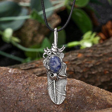 Natural Sodalite Alloy Feather Pendant Black PU Leather Cord Necklaces FS1864-6-1