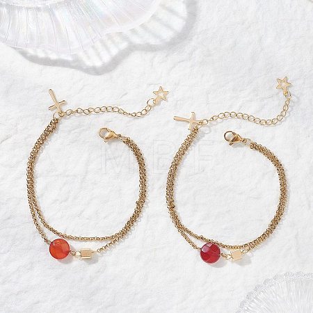 Natural Red Agate Faceted Flat Round with Brass Cube Link Bracelets BJEW-JB13481-1
