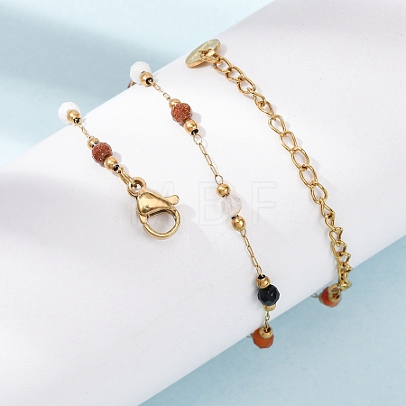 Natural Agate & Howlite & Synthetic Goldstone Faceted Round Bead 304 Stainless Steel Cable Chain Anklets for Women AJEW-G072-01G-1