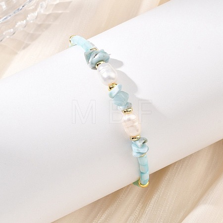 Natural Cultured Freshwater Pearl & Dyed Freshwater Shell & Larimar Chip Beaded Bracelets for Women BJEW-JB13950-1