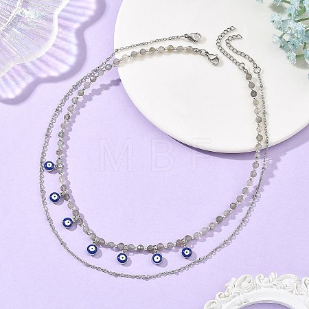 Alloy Enamel Blye Evil Eye Pendant Faceted Round Natural Labradorite Beaded 304 Stainless Steel Satellite Chain Double Layer Necklaces NJEW-JN06542-1