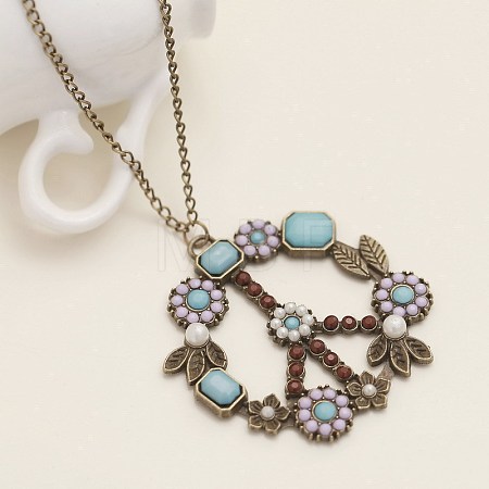 Bohemian Flower Peace Sign Alloy & Glass & Plastic Pearl Pendant Necklaces FS-WG15A32-02-1
