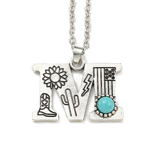 Letter A~Z Antique Silver Plated Alloy with Synthetic Turquoise Pendant Necklaces NJEW-G080-01M-1