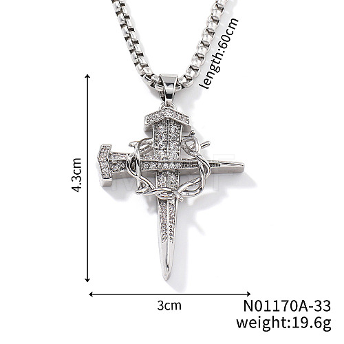 Brass Clear Cubic Zirconia Shiny Dagger Cross Pendant Box Chain Necklaces QG8782-1-1