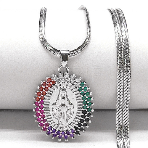 Brass Pave Colorful Cubic Zirconia Virgin Mary Pendant Necklaces NJEW-K273-04P-1