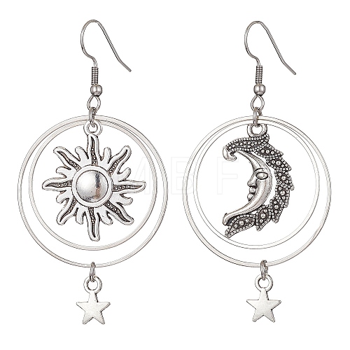 Tibetan Style Alloy Sun & Moon & Star Asymmetrical Earrings EJEW-JE05428-1