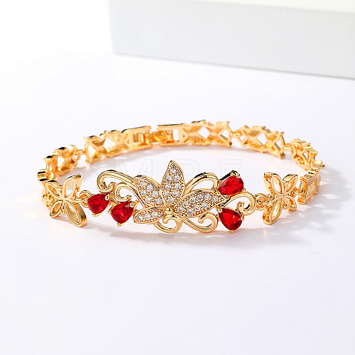 Fashionable Casual Real 18K Gold Plated Butterfly Brass Pave Red & Clear Cubic Zirconia Bracelets for Women KA3370-1