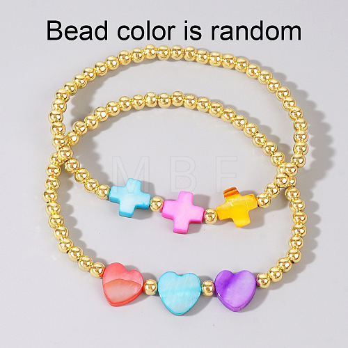 2Pcs Simple White Seashell Cross & Heart Stretch Bracelet Sets JC6686-2-1