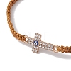 Evil Eye Cross Alloy Crystal Rhinestone Link Braided Bracelets BJEW-JB10788-3