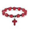 Natural Mashan Jade Skull Beaded Stretch Bracelet with Synthetic Turquoise(Dyed) Cross Charm BJEW-JB08378-3
