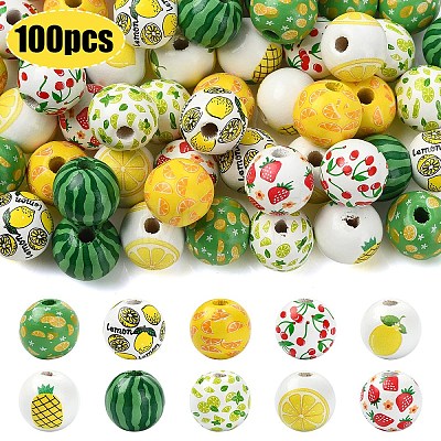 100Pcs 10 Styles Fruit Printed Wood European Beads WOOD-YW0001-86-1