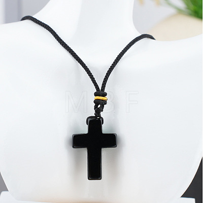 Natural Obsidian Cross Pendant Black Cotton Cord Necklaces FS-WG3ED65-06-1