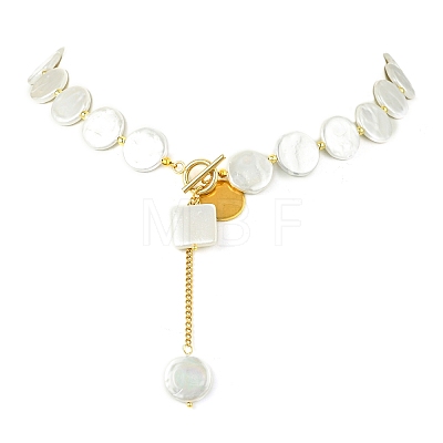 Adjustable White Shell Pearl Coin Bead Lariat Necklaces with 304 Stainless Steel OT Clasps NJEW-JN06027-1