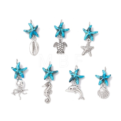 7Pcs 7 Styles Dyed Synthetic Turquoise Starfish & Alloy Sea Animals Pendants PALLOY-JF03754-04-1