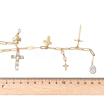 304 Stainless Steel Pave Clear Cubic Zirconia Religion Cross Teardrop Pendant Y Long Tassl Lariat Necklaces for Women NJEW-G199-04G-1