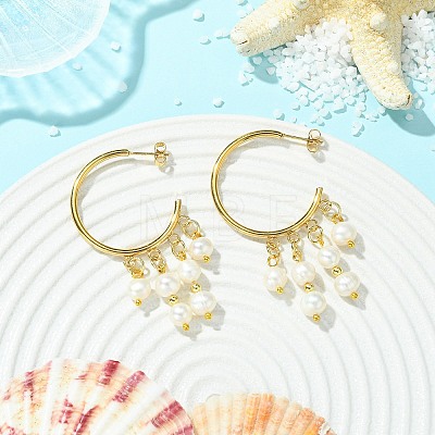 Round with C-Shaped Natural Pearl & 304 Stainless Steel Tassel Chandelier Earrings EJEW-JE07025-1