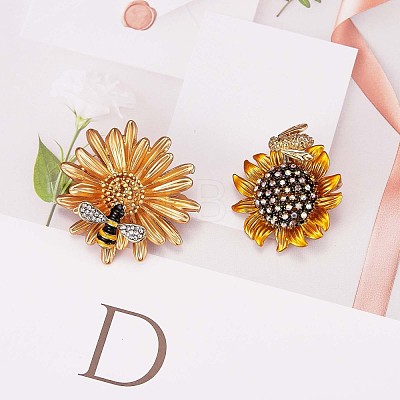 2Pcs 2 Style Sunflower and Bee Clear Cubic Zirconia Badges Pins with Enamel JX167A-1