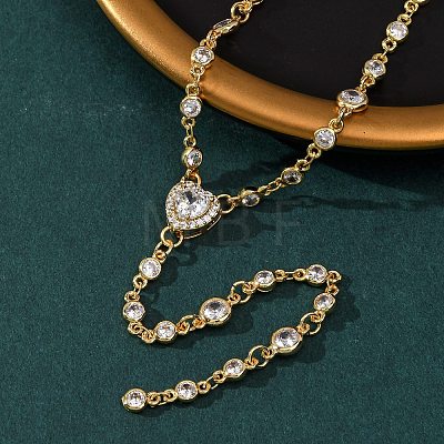 Brass Pave Cubic Zirconia Heart Pendant Y Tassel Necklaces for Women NJEW-A071-01G-08-1