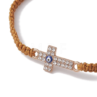 Evil Eye Cross Alloy Crystal Rhinestone Link Braided Bracelets BJEW-JB10788-1