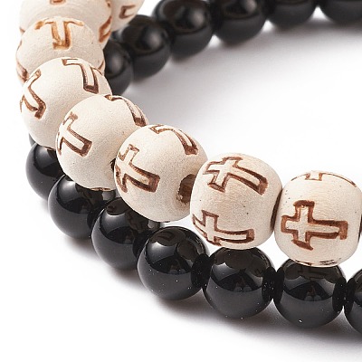 2Pcs 2 Style Natural & Synthetic Mixed Stone Cross Stretch Bracelet Sets with Wood Beaded for Women BJEW-JB08344-1