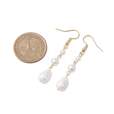 Teardrop Shell Pearl & Brass Dangle Earrings for Women EJEW-TA00513-1