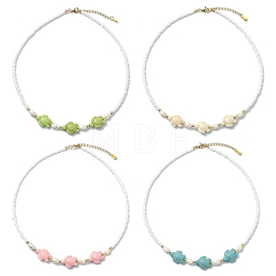 Ocean Sea Animals Synthetic Turquoise & Natural Cultured Freshwater Pearl & Glass Seed Beaded Necklaces for Women NJEW-JN06127-02-1