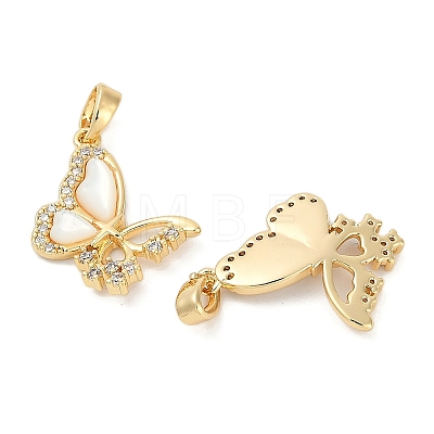 Brass Pave Natural White Shell Butterfly Pendants KK-U043-28G-1