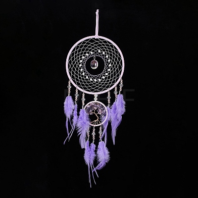 Iron & Brass Wire Woven Web/Net with Feather Pendant Decorations AJEW-B017-18-1