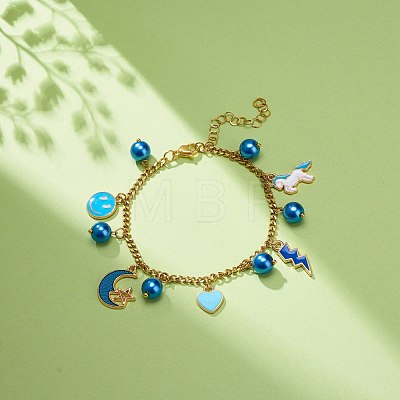 Alloy Enamel & Glass Pearl Charm Bracelet with 304 Stainless Steel Chains for Women BJEW-JB08707-02-1